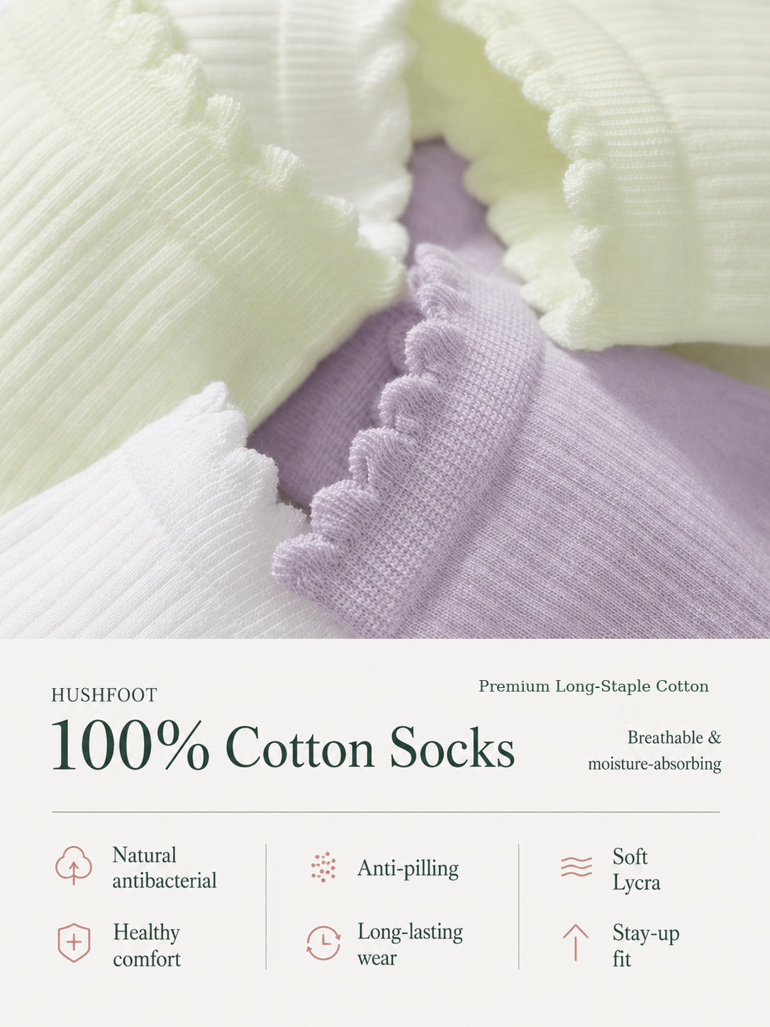 HUSHFOOT Women's Frill Trim Cotton Ankle Socks with Ribbed Knit — English product image 5 (SKU 4224)