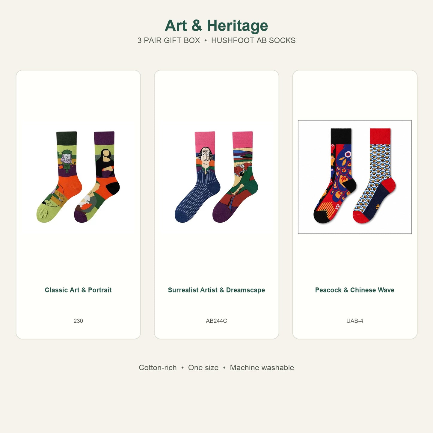 HUSHFOOT Art & Heritage AB Socks 3 Pair Gift Box featuring Classic Art & Portrait, Surrealist Artist & Dreamscape, Peacock & Chinese Wave