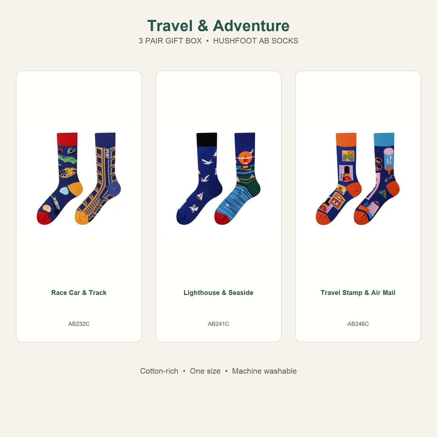 HUSHFOOT Travel & Adventure AB Socks 3 Pair Gift Box featuring Race Car & Track, Lighthouse & Seaside, Travel Stamp & Air Mail