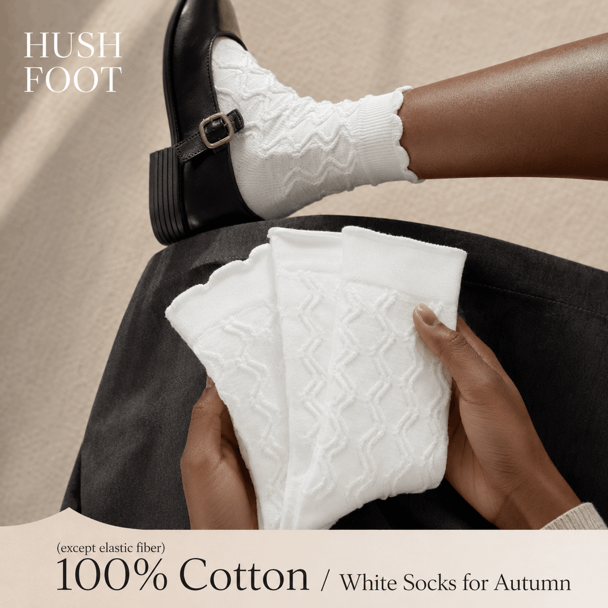 HUSHFOOT Women's Pure Cotton White Socks for Autumn Loafer Outfits — English product image 3 (SKU 4265)
