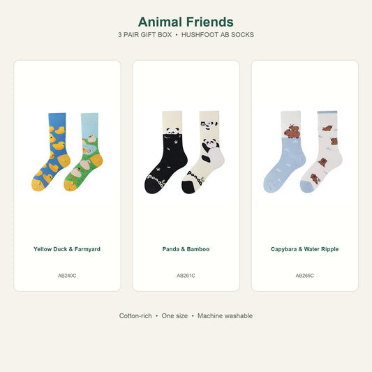 HUSHFOOT Animal Friends AB Socks 3 Pair Gift Box featuring Yellow Duck & Farmyard, Panda & Bamboo, Capybara & Water Ripple