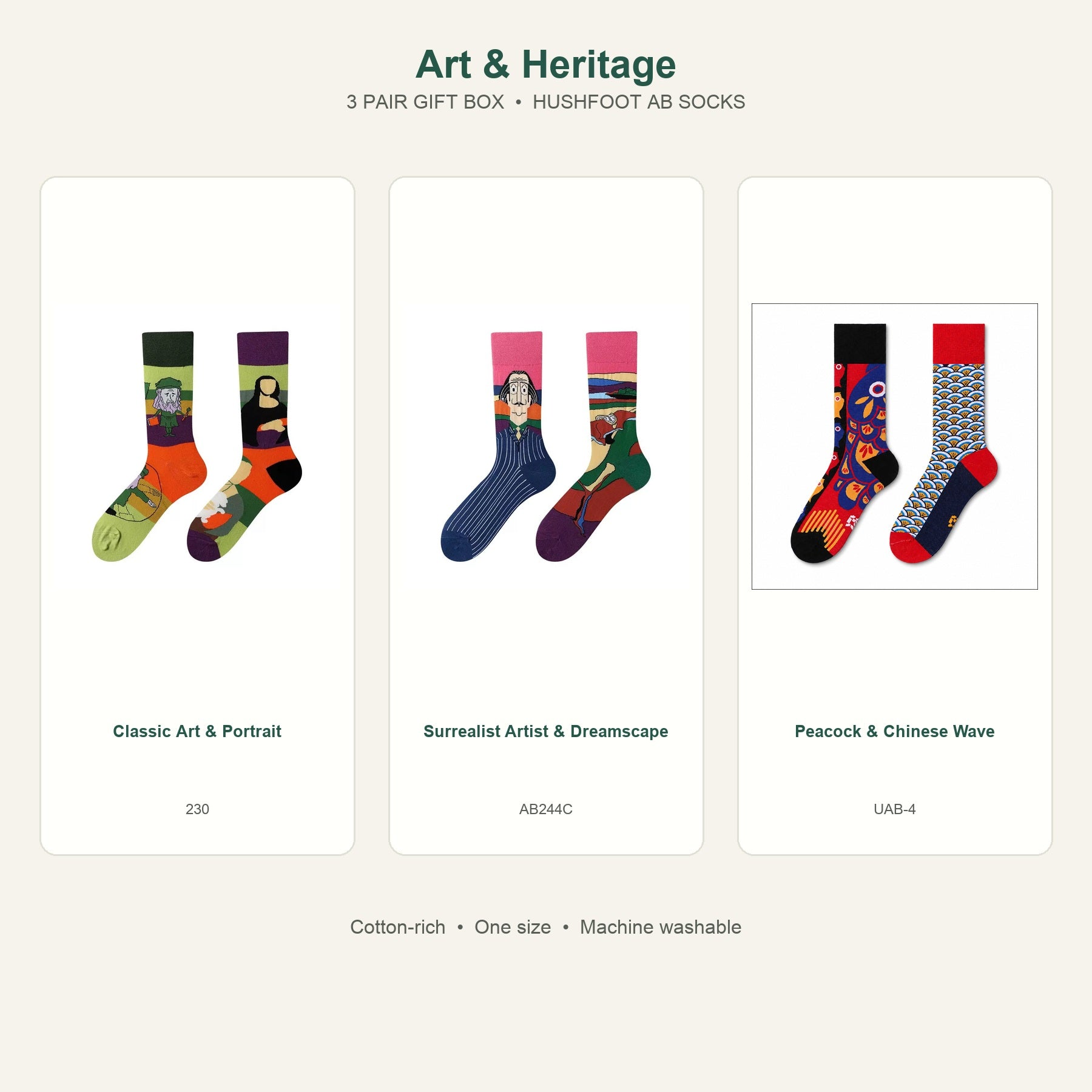 HUSHFOOT Art & Heritage AB Socks 3 Pair Gift Box featuring Classic Art & Portrait, Surrealist Artist & Dreamscape, Peacock & Chinese Wave
