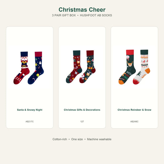HUSHFOOT Christmas Cheer AB Socks 3 Pair Gift Box featuring Santa & Snowy Night, Christmas Gifts & Decorations, Christmas Reindeer & Snow