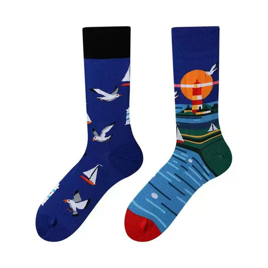 HUSHFOOT Sunset Lighthouse AB cotton crew socks, sunset lighthouse motif