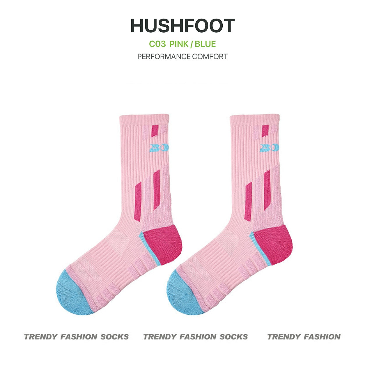 HUSHFOOT cushioned grip badminton sports socks in Pink / Blue