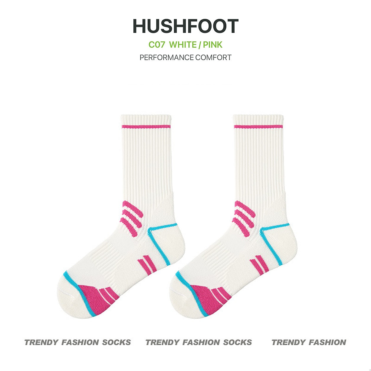 HUSHFOOT cushioned grip badminton sports socks in White / Pink