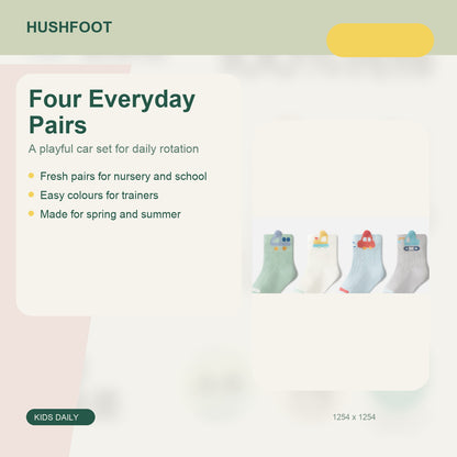 HUSHFOOT kids cotton mesh car socks - Four Everyday Pairs