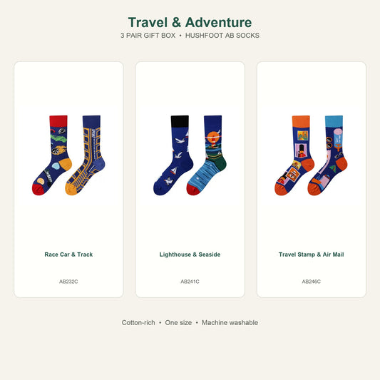 HUSHFOOT Travel & Adventure AB Socks 3 Pair Gift Box featuring Race Car & Track, Lighthouse & Seaside, Travel Stamp & Air Mail