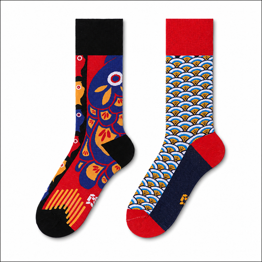 HUSHFOOT Peacock & Chinese Wave Odd-Pair Cotton Crew Socks